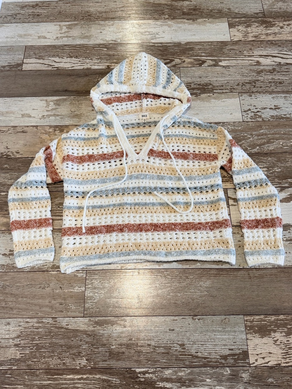 BKE Striped Pointelle Hooded Multicolor V-Neck Sweater XS